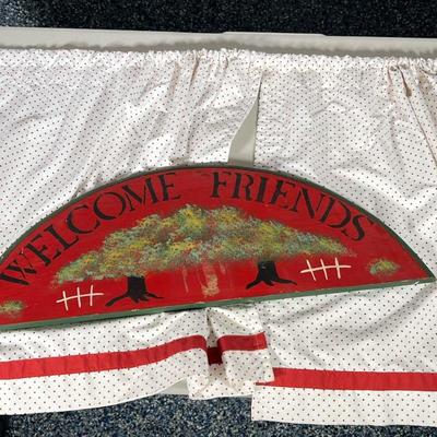 (2pc) FARMHOUSE ARTWORK & CURTAIN | Including: "Welcome Friends" folk art, painted sign, and red and white cotton, polka...