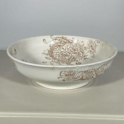 Transferware Bowl | Vintage/Antique large bowl with brown, floral, vine decor, marked “Porcelaine Royale / Pitcairns ltd. / Tunstall,...