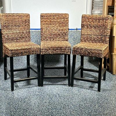 (3pc) RATTAN & WOOD STOOLS | Set of 3 rattan stools with footrest. - h. 40 x w. 17 x d. 18 in
