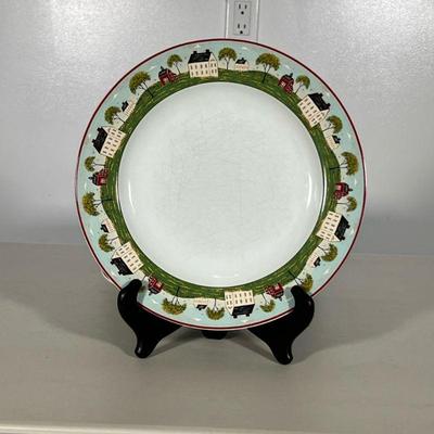 (12pc) WARREN KIMBLE DECORATED DINNER PLATES | Dinner plates with farm homes around rim with red trim. Designed by Brandon House by...