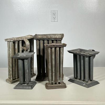 (5pc) ANTIQUE CANDLE MOLDS | Set of 5 various antique candle molds. Dimensions: h. 11 x w. 4.5 x l. 7 in (largest)
