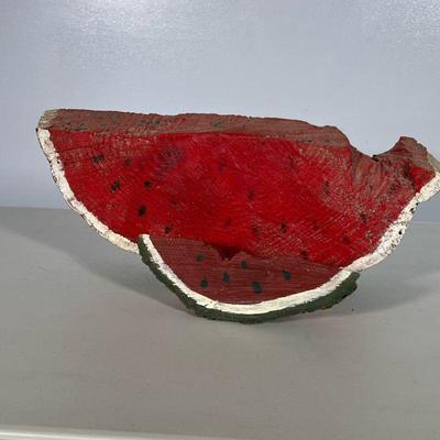 (2pc) CARVED WATERMELON FOLK ART | Folk art carved wood & painted watermelon slices. - h. 7 x l. 16 x d. 2.5 in

