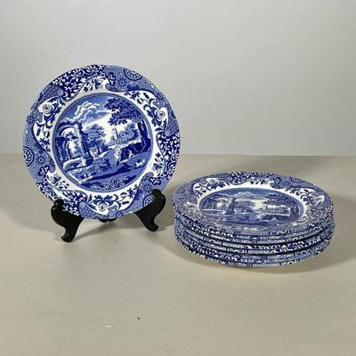 (9pc) SPODE ITALIAN PORCELAIN SALAD PLATES | Set of 9 blue & white Italian porcelain salad plates by Spode. Dimensions: dia. 8 in
