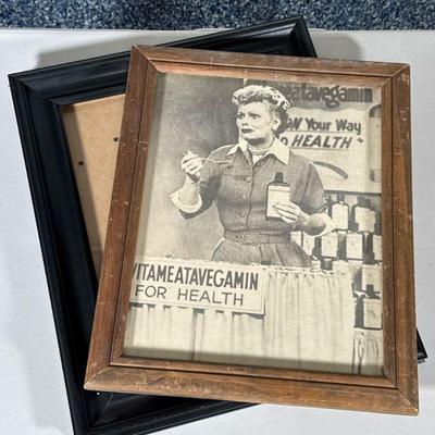 (2pc) Vintage I Love Lucy Print & Frame | Iconic I Love Lucy "Vitameatavegamin" episode print in wooden frame and empty...