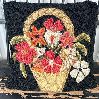 HAND HOOKED FLORAL PILLOW | Hooked upholstered flower bouquet pillow. - w. 16 x l. 16 in
