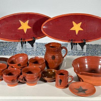 (15pc) MIXED LOT Red Ware Pottery | Mixed set includes: Bowl, 1 pitcher 3 matching mugs, small mug, 2 matching bowls, small bowl, small...