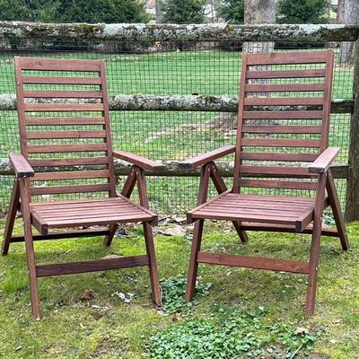 (2pc) PAIR FOLDING RECLINING OUTDOOR CHAIRS | Pair of wooden adjustable, reclining, folding outdoor chairs. - h. 40 x w. 24 x d. 32 in
