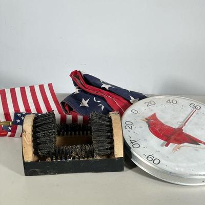 (5pc) Misc. Outdoor Items | Including: thermometer, large and two small American flags, and a boot/shoe brush. Dimensions: dia. 12 in