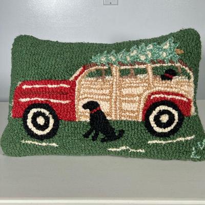 HOOKED CHRISTMAS PILLOW | Hooked wool pillow with black lab in front of station wagon with Christmas tree; By Chandler Four Corners. - h....