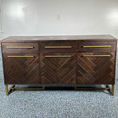 TRADITIONS MOSAIC WOOD SIDEBOARD | Wood sideboard with brass pulls having 3 split-width drawers over double-door 2-shelf cabinet and...