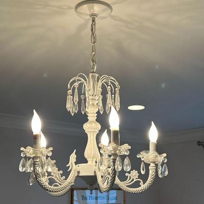 5 Light Chandelier | 5 light white painted chandelier with cut crystal drops - h. 24.5 x w. 18 x l. 18 in
