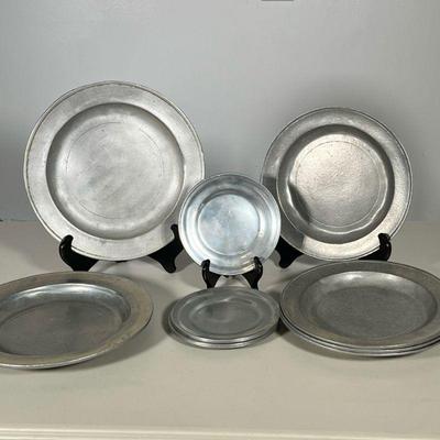 (9pc) Pewter Dishes | 2 dinner plates, 4 salad and 3 bread. From the Seraph Collection and Pewterex. - dia. 10 in
