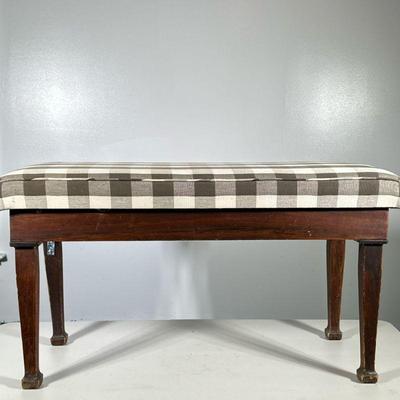 GINGHAM UPHOLSTERED Piano Bench | Brown and white checker covered long bench. Dimensions: h. 20 x w. 36 x d. 15 in
