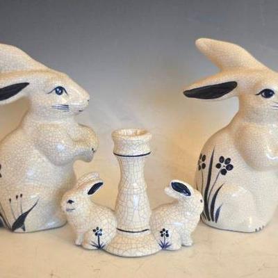 Dedham Pottery Blue & White Rabbit Figurines, Ceramic Candlestick