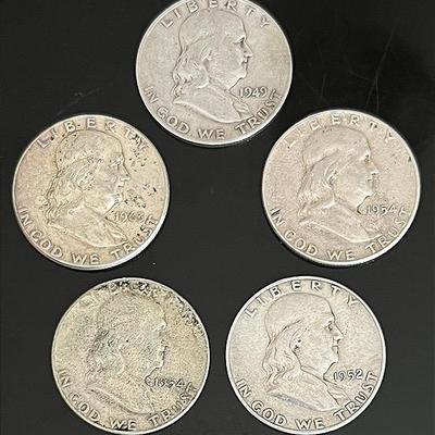 Ben Franklin Silver Half Dollars (5) 90% Silver