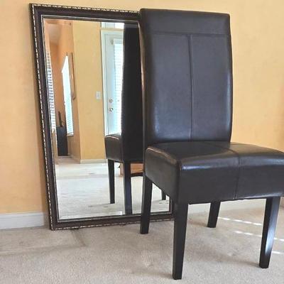 Faux Leather Parsons Chair and Decorative Mirror