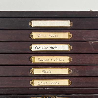 Antique 6 Drawer Watch Maker’s Cabinet Filled With Antique Watch Parts