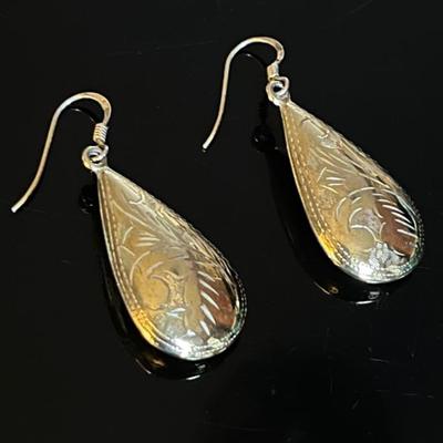 Gold over Sterling Silver .925 Etched Dangle Puff Teardrop Earrings