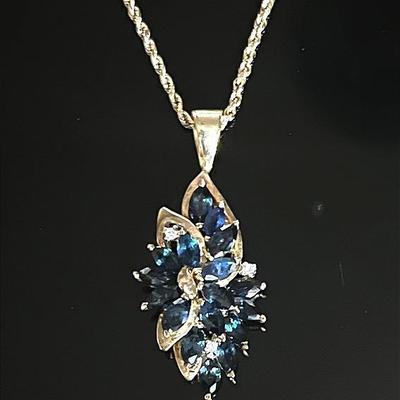 14K Yellow Gold Chain with 14K 3 Diamond 20 Sapphire Pendant