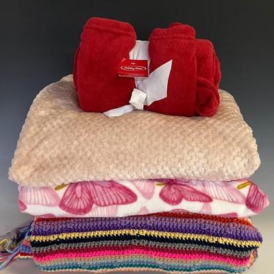 Plush Throws (3) and Colorful Hand Knit Blanket