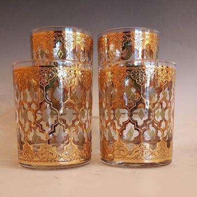 Vintage Culver Valencia Green 22kt Gold Filigree Old Fashioned Glasses (8)