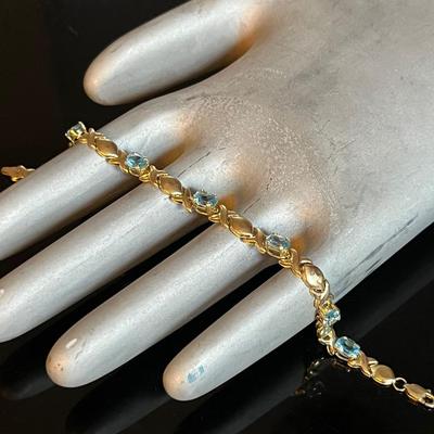 14K Yellow Gold XO Blue Topaz Tennis Bracelet 