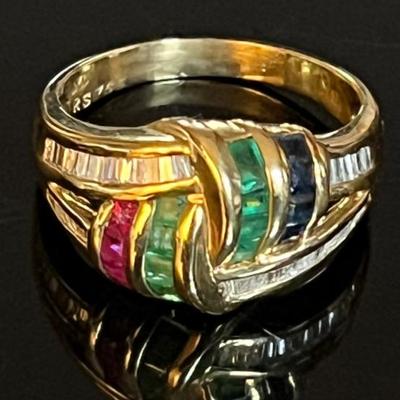 18K Yellow Gold 40 Diamond 4 Ruby 8 Emerald 4 Sapphire Ring