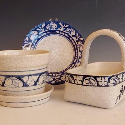 Dedham Pottery With Handled Basket