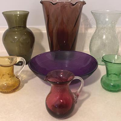 Colorful Glassware, Vases, Pitchers and Bowl
