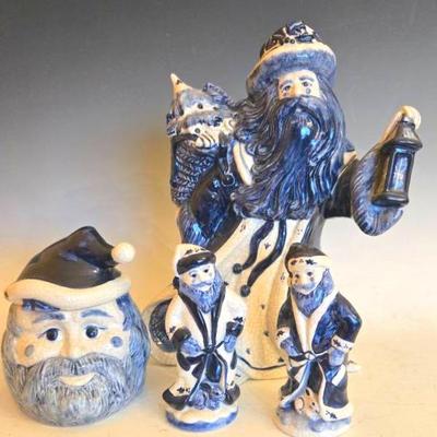 Dedham Pottery Santa Figurine, Sugar Bowl and Salt & Pepper Shakers