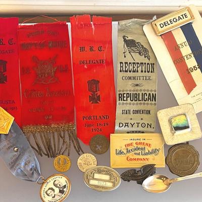 Collection of Antique Advertising, Ribbons, Tokens, Badges ++