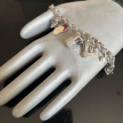 Sterling Silver Link Charm Bracelet with 8 Sterling Charms and 2 Silvertone Charms
