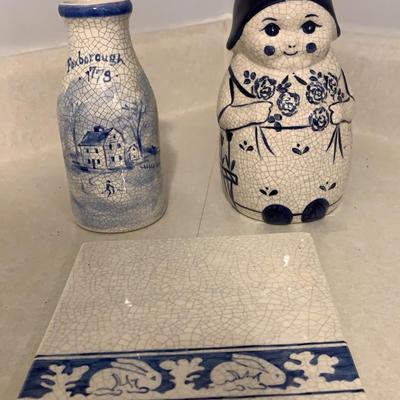 Dedham Pottery Trivet, Pitcher and Bottle