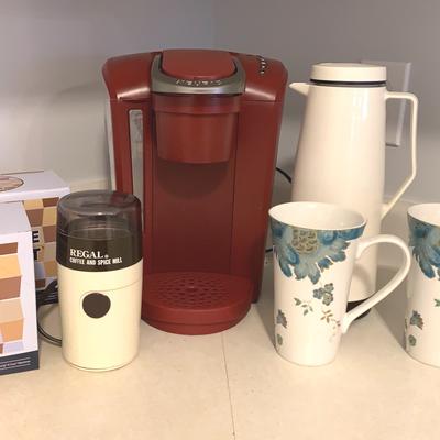 Keurig Coffee Maker, Thermos, Coffee Bean Grinder, Double Donut Pods, Large Mugs