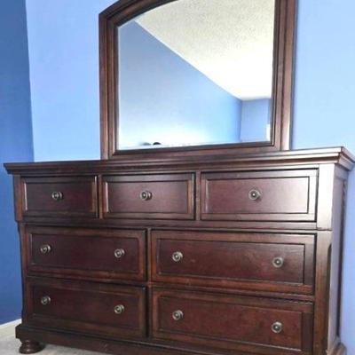Ashley Furniture Seven Drawer Dresser with Framed Beveled Mirror
