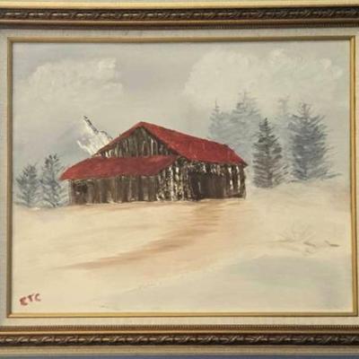 Primitive Oil Painting On Canvas Of Landscape And Barn Signed RTC