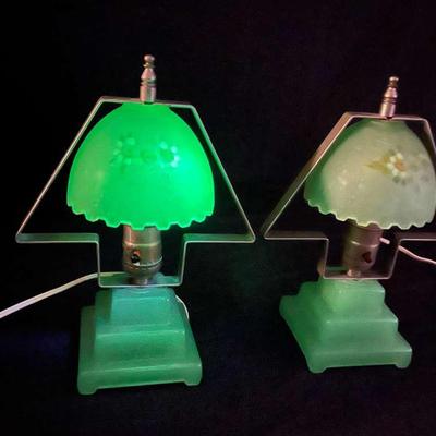 2 Vintage Vaseline (Uranium glass) Green Lamps 