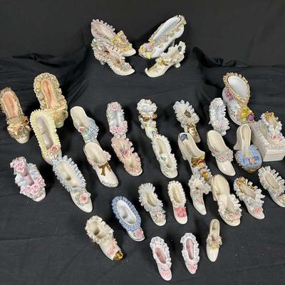 Vintage Porcelain Floral And Lace Miniature Shoes 