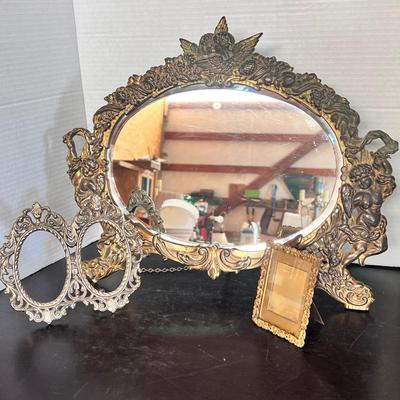 Art Nouveau Brass Metal Oval Mirror Cherubs, (2) Metal Picture Frames