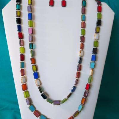 Stephanie Wolf Glass Beads Long Necklace & Earrings .925 Set
