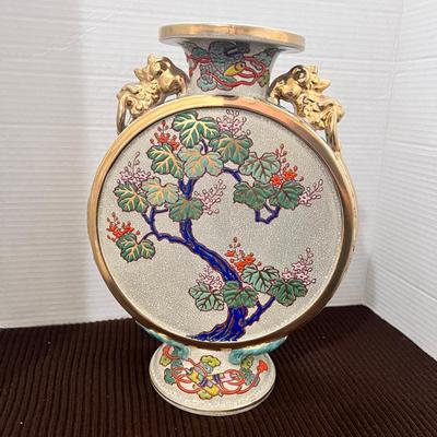 Antique Japanese Satuma Porcelain Vase Moon Flask Lion Handles Floral 