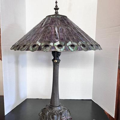 Paul Sahlin Tiffany Style Table Lamp Peacock Shade Purple Jeweled