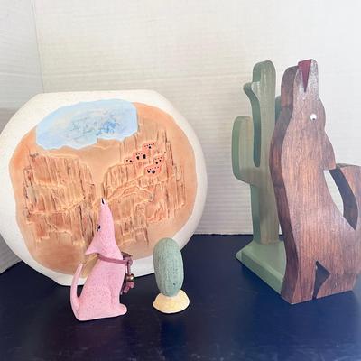 Southwestern Native American Pottery Vase, Ceramic Wolf & Cactus, Painted Wolf Wood Decor
