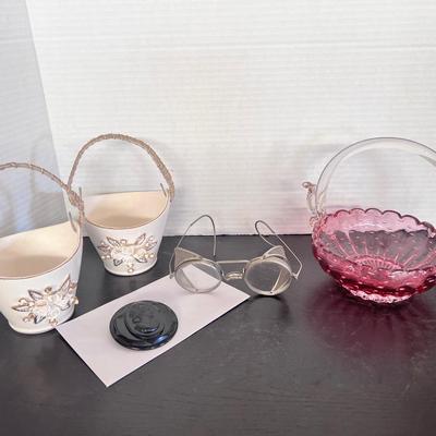 Pink Glass Basket, Antique Metal Frame Glasses, (2) Norcrest Baskets w/ Sculpted flowers, Lucite Pin