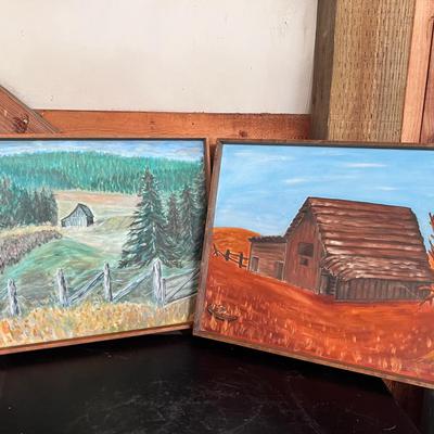 (2) Acrylic Paintings By G.H. Hoffman Farm Landscape Barns Wood Framed