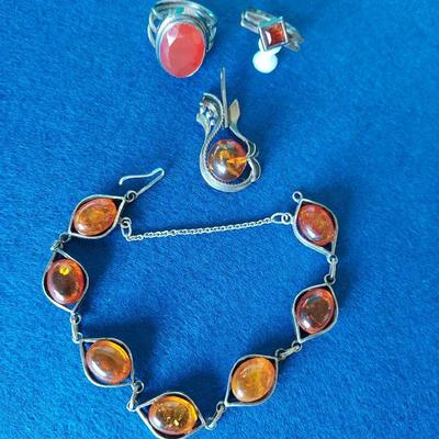 Carnalian Gemstone Ring, Amber Bracelet, Amber Pendant All are .925