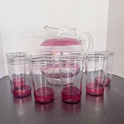 MCM Cranberry Glass Pitcher w/ Ice Lip & 6 Drinking Glasses 