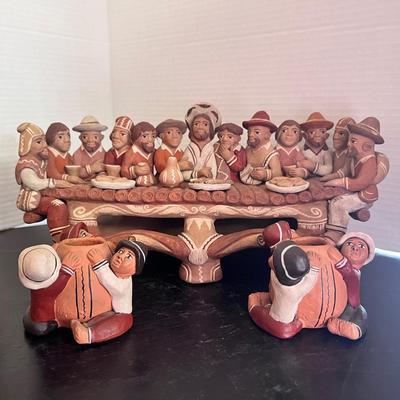 Clay Sculpture Last Supper Jesus & The Disciples Handmade In Peru, (2) Clay Wine Barrels Kids