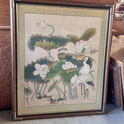 Large Art Print "Herons & Ducks" Framed Wood Metal Corners Birds