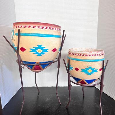 Mexican Clay Pots w/ Metal Stands Aztec Big & Small 